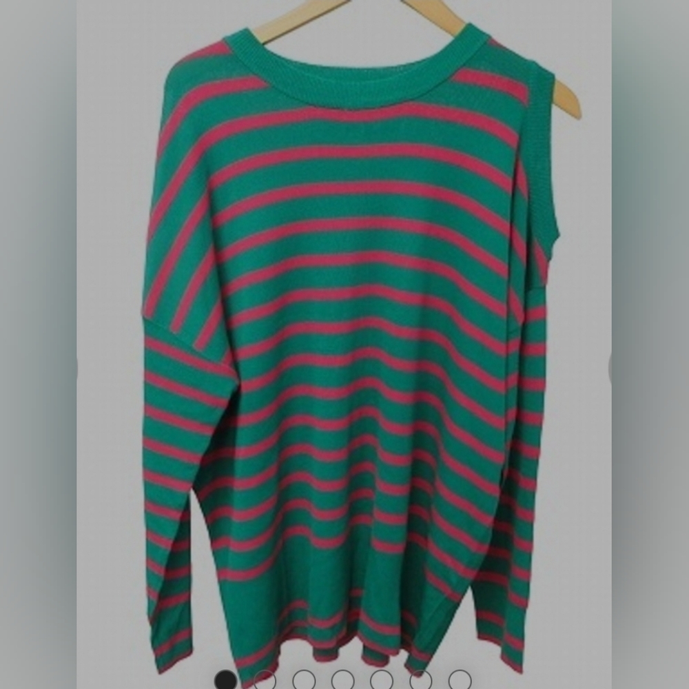Classic Striped Crewneck Sweater - Green & Pink - Picture 2 of 9